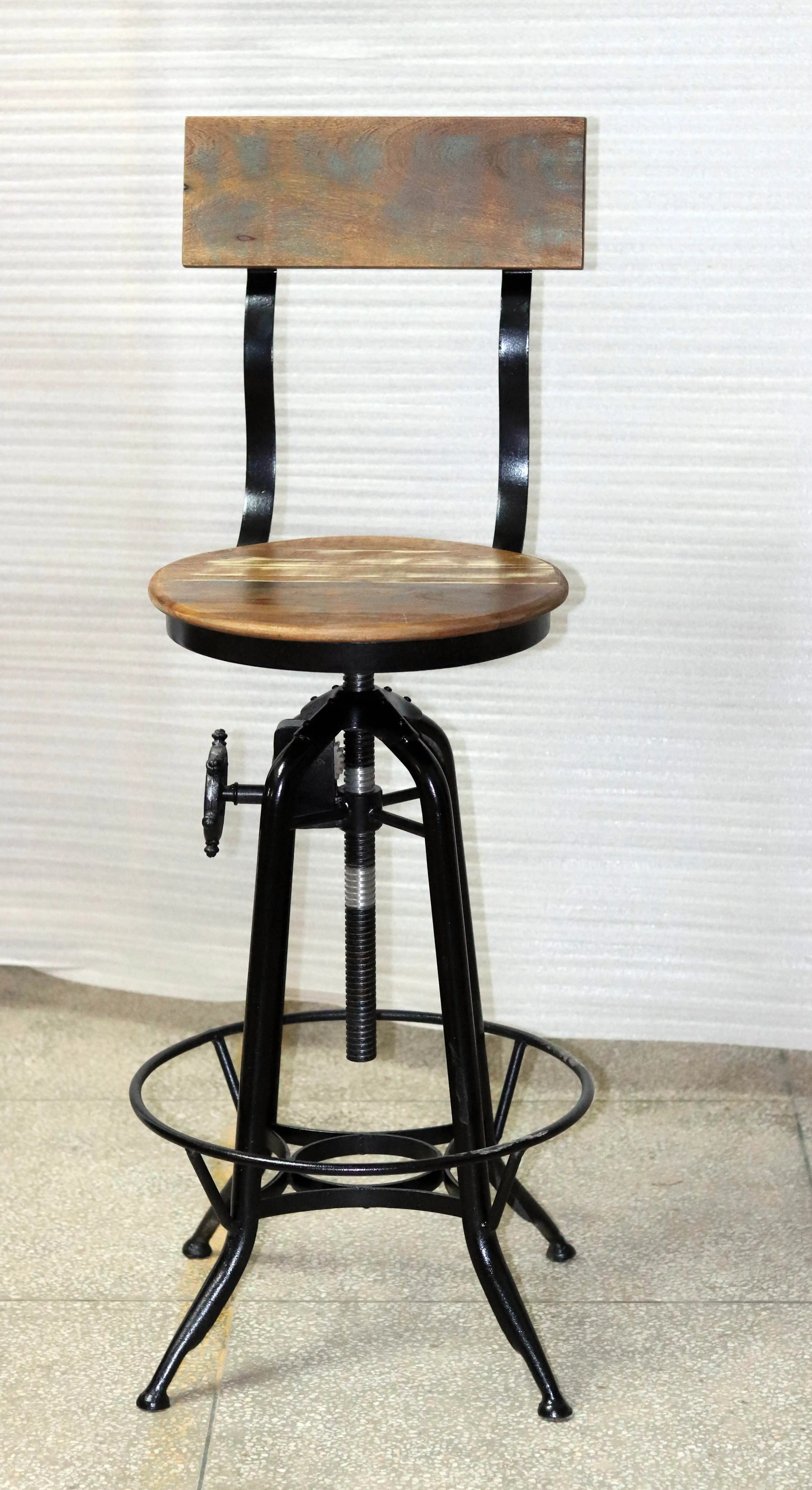 Iron Bar Stool with Hight Adjustable Wooden Seat & Gear Box - popular handicrafts